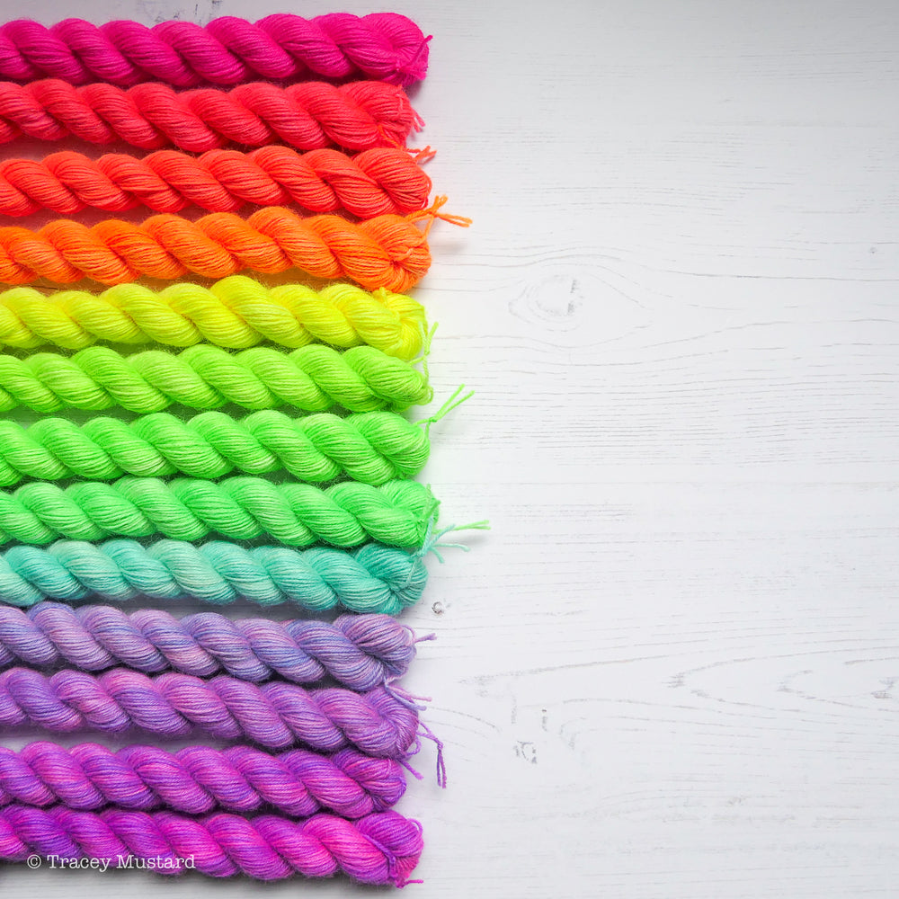 Neon saturated rainbow mini skeins - dyed by Tracey Mustard - What Mustard Made