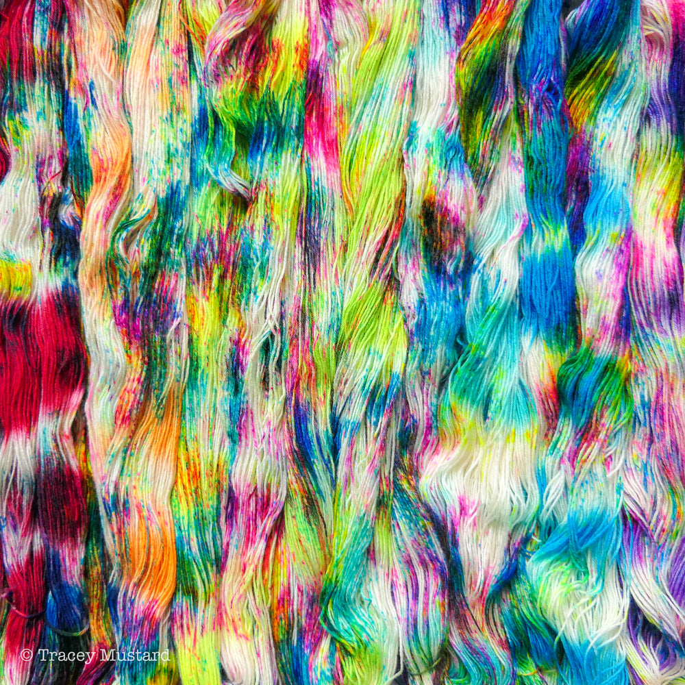 Hand dyed neon rainbow yarn fade bundle.
