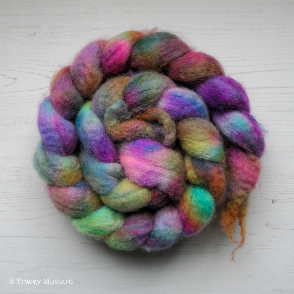 Hand dyed Bluefaced Leicester fibre braid.