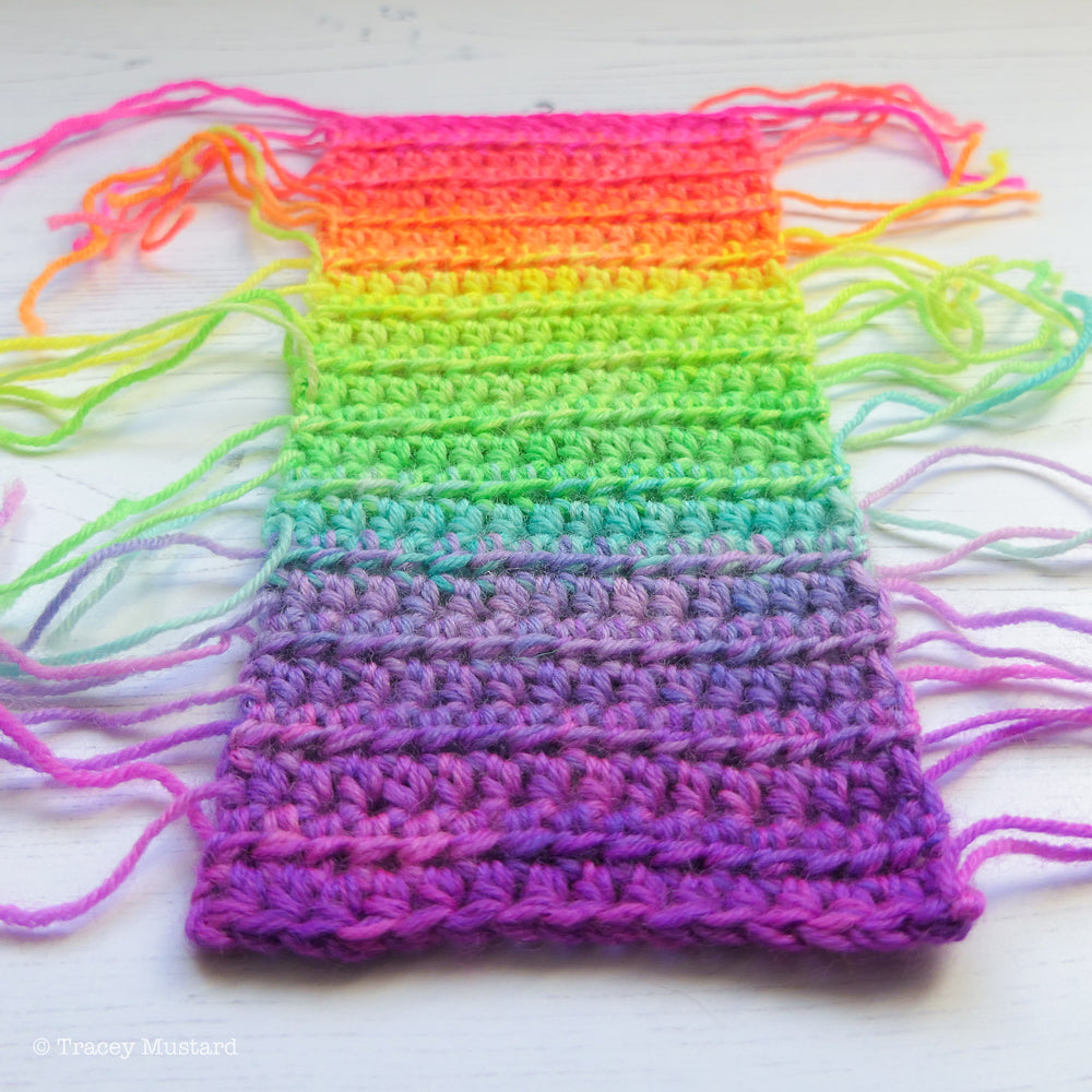 Neon saturated rainbow crochet swatch - dyed by Tracey Mustard - What Mustard Made