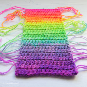Neon saturated rainbow crochet swatch - dyed by Tracey Mustard - What Mustard Made